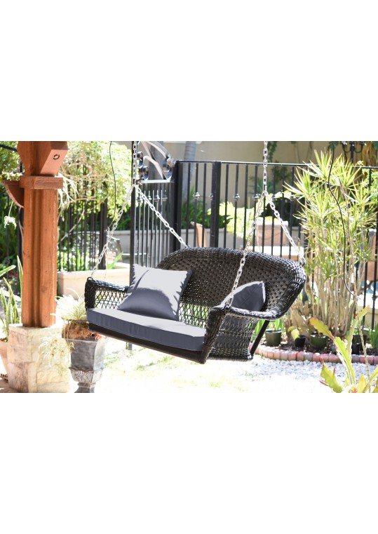 Espresso Resin Wicker Porch Swing with Steel Blue Cushion