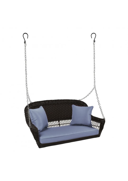 Espresso Resin Wicker Porch Swing with Steel Blue Cushion