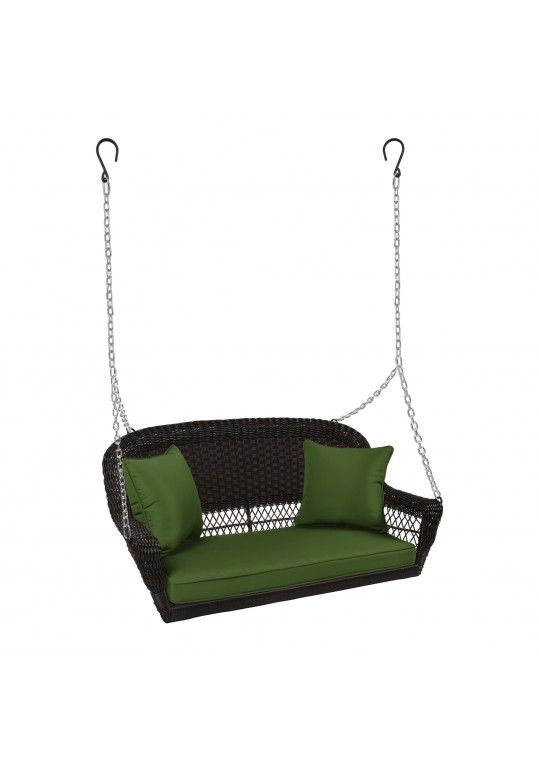 Espresso Resin Wicker Porch Swing with Hunter Green Cushion