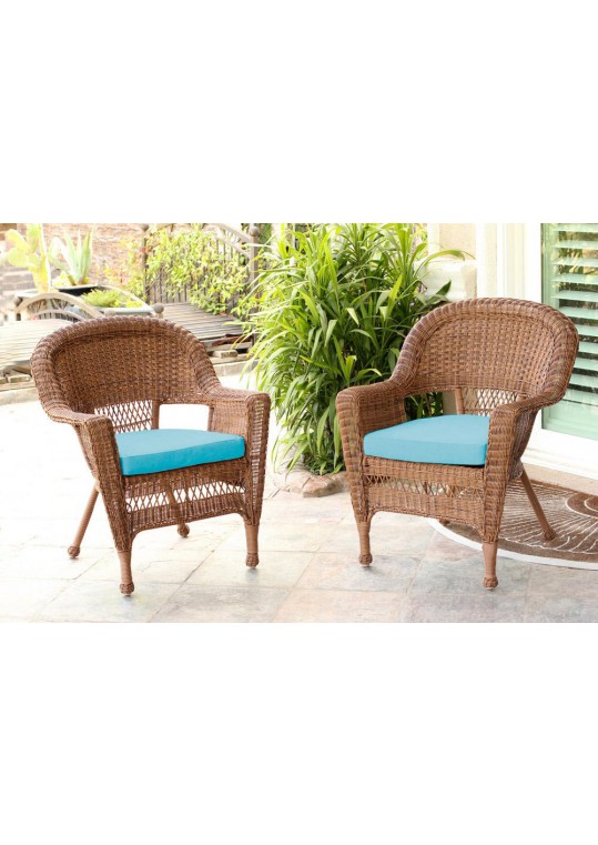 Honey Wicker Chair With Sky Blue Cushion - Set of  2