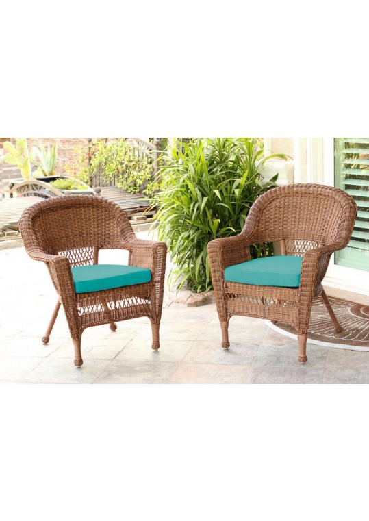 Honey Wicker Chair With Turquoise Cushion - Set of  2