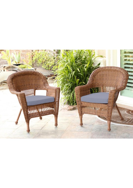 Honey Wicker Chair With Steel Blue Cushion - Set of  2