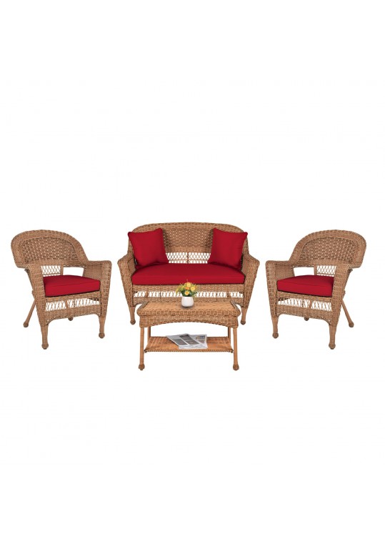 4pc Honey Wicker Conversation Set - Red Cushions