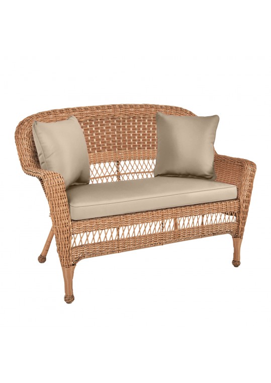 Honey Wicker Patio Love Seat With Tan Cushion and Pillows