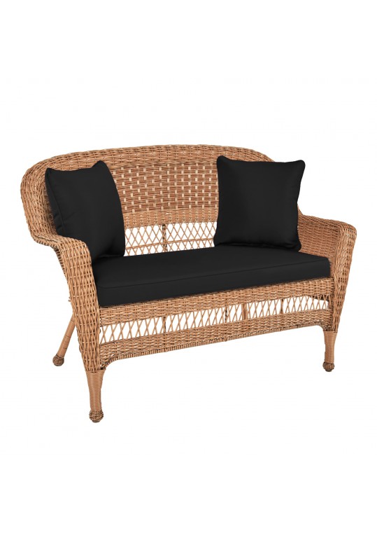 Honey Wicker Patio Love Seat With Black Cushion and Pillows