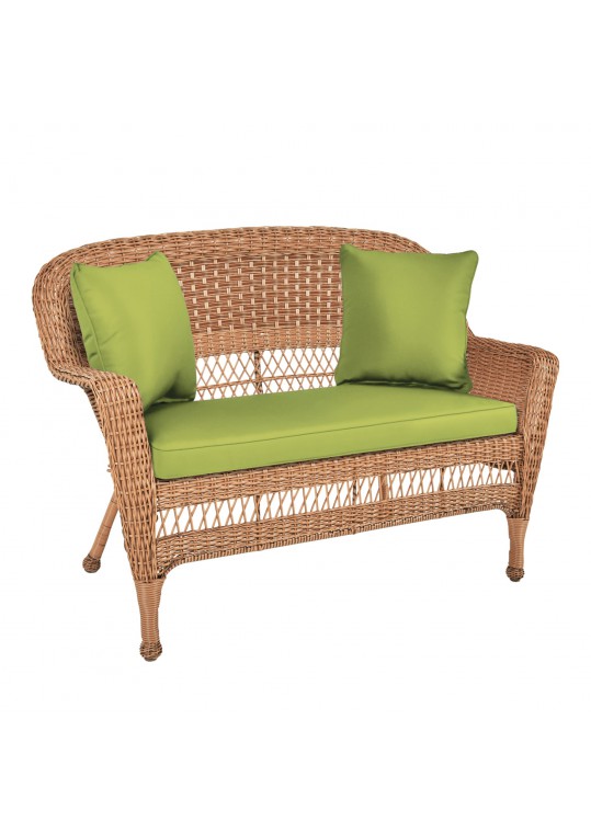Honey Wicker Patio Love Seat With Sage Green Cushion and Pillows