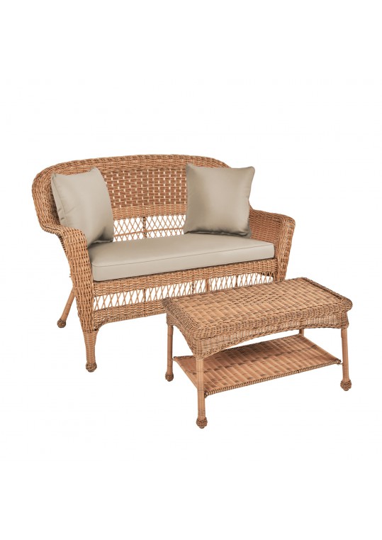Honey Wicker Patio Love Seat And Coffee Table Set With Tan Cushion