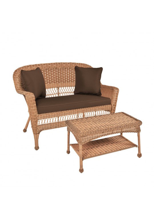 Honey Wicker Patio Love Seat And Coffee Table Set With Brown Cushion