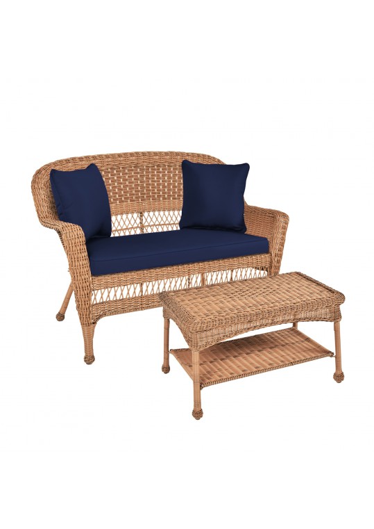 Honey Wicker Patio Love Seat And Coffee Table Set With Midnight Blue Cushion