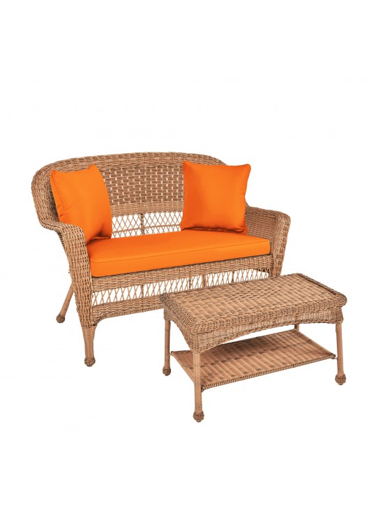 Honey Wicker Patio Love Seat And Coffee Table Set With Orange Cushion
