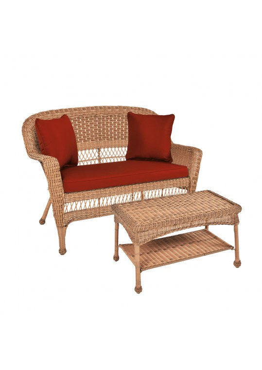 Honey Wicker Patio Love Seat And Coffee Table Set With Brick Red Cushion
