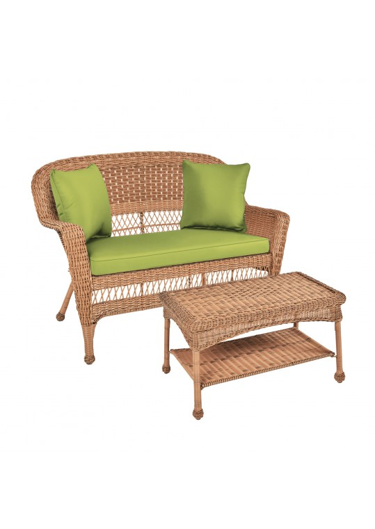 Honey Wicker Patio Love Seat And Coffee Table Set With Sage Green Cushion