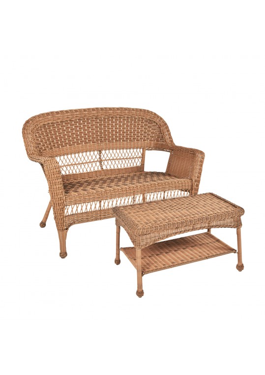 Honey Wicker Patio Love Seat And Coffee Table Set Without Cushion