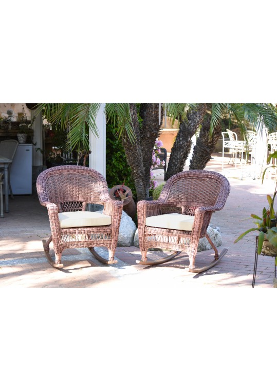 Honey Rocker Wicker Chair with Ivory Cushion -  Set of 2