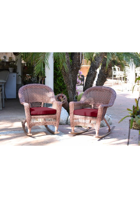 Honey Rocker Wicker Chair with Red Cushion -  Set of 2