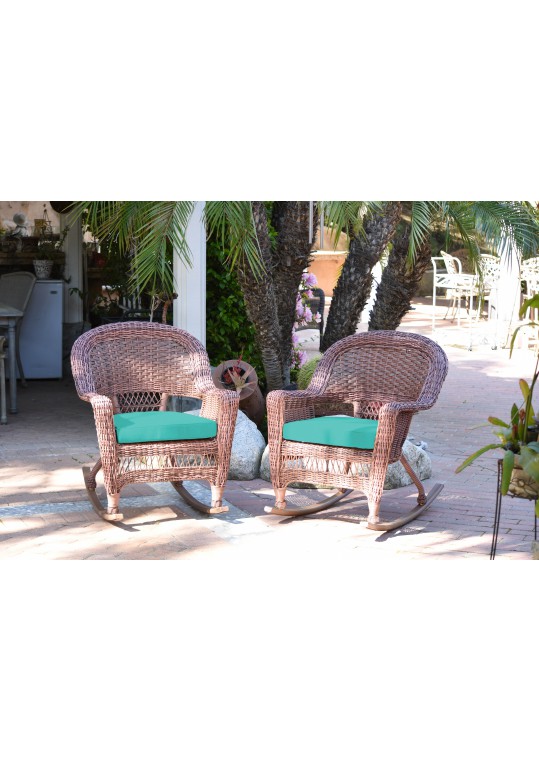 Honey Rocker Wicker Chair with Turquoise Cushion -  Set of 2