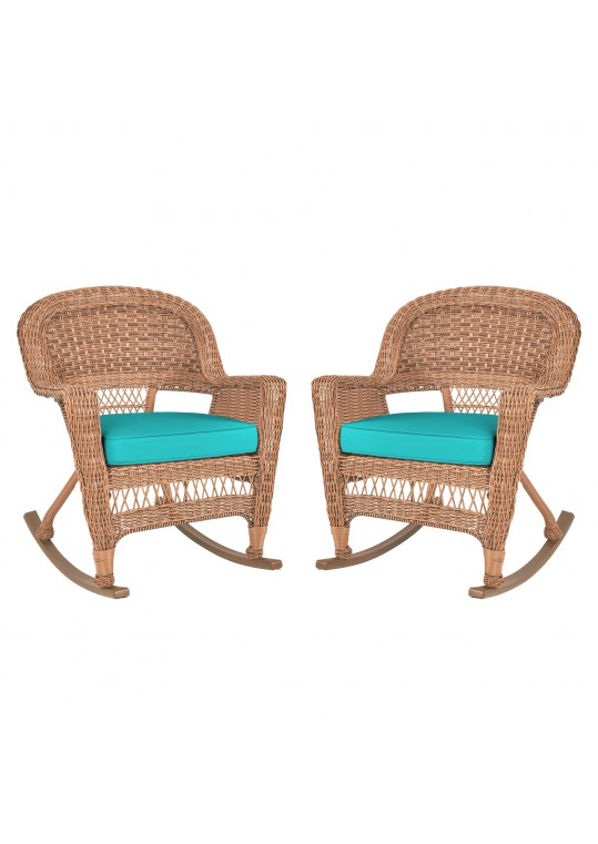 Honey Rocker Wicker Chair with Turquoise Cushion -  Set of 2