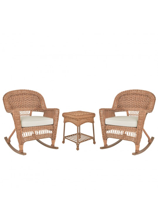 3pc Honey Rocker Wicker Chair Set With Ivory Cushion