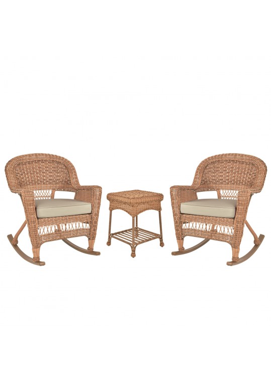 3pc Honey Rocker Wicker Chair Set With Tan Cushion
