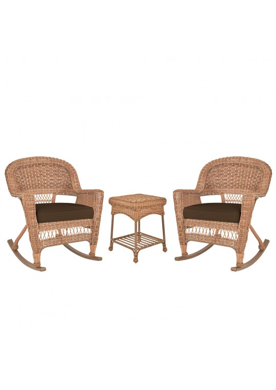 3pc Honey Rocker Wicker Chair Set With Brown Cushion