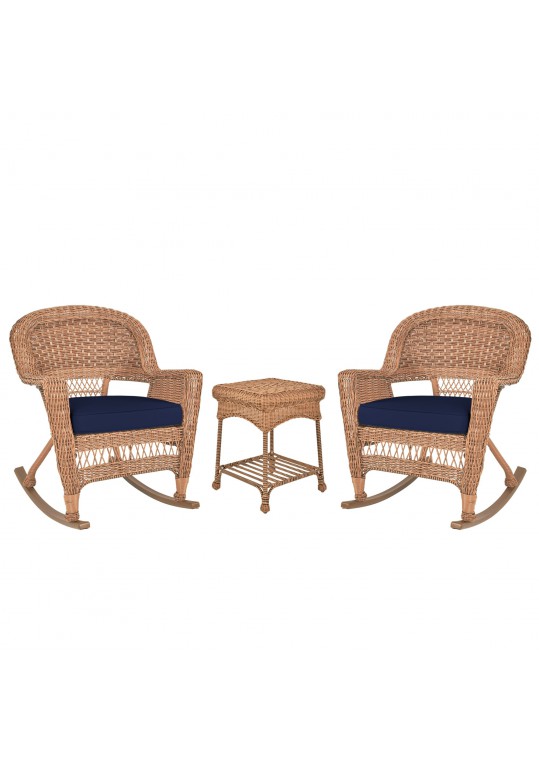 3pc Honey Rocker Wicker Chair Set With Midnight Blue Cushion