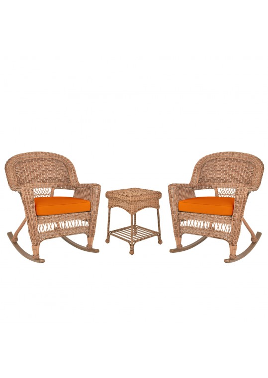 3pc Honey Rocker Wicker Chair Set With Orange Cushion