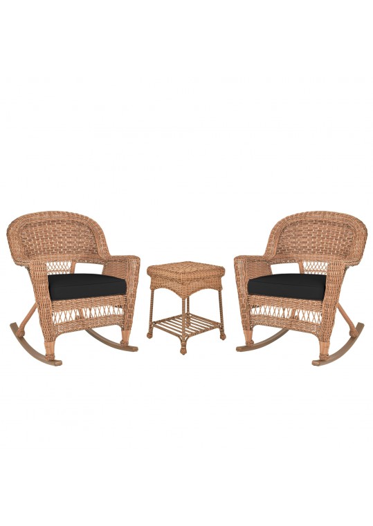 3pc Honey Rocker Wicker Chair Set With Black Cushion