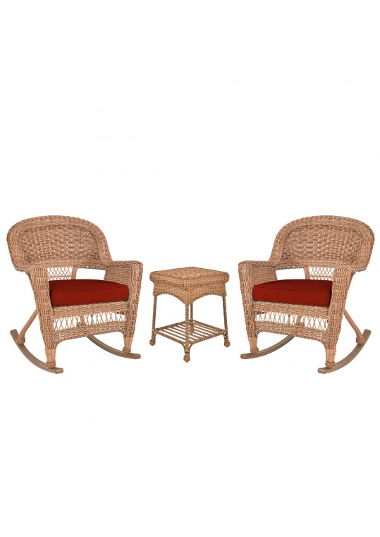 3pc Honey Rocker Wicker Chair Set With Brick Red Cushion