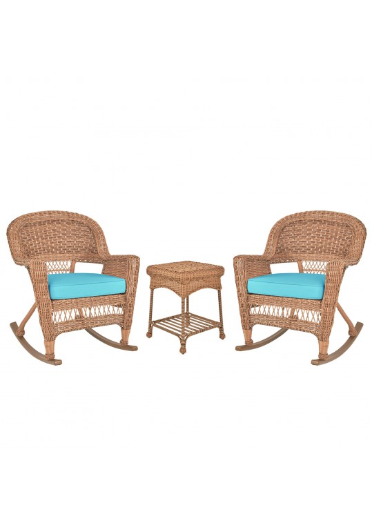 3pc Honey Rocker Wicker Chair Set With Sky Blue Cushion