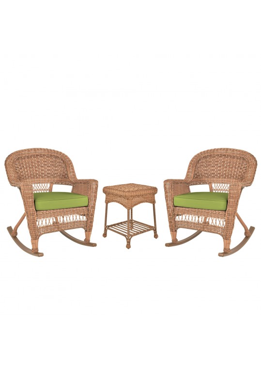 3pc Honey Rocker Wicker Chair Set With Sage Green Cushion