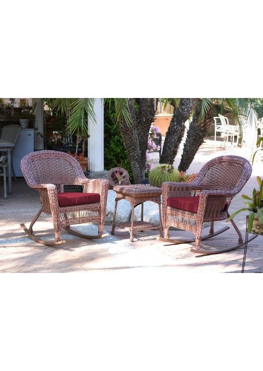 3pc Honey Rocker Wicker Chair Set With Red Cushion