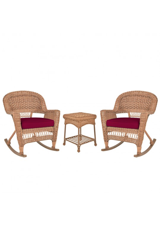 3pc Honey Rocker Wicker Chair Set With Red Cushion
