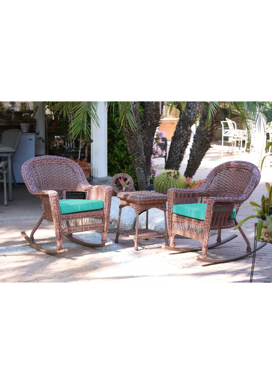 3pc Honey Rocker Wicker Chair Set With Turquoise Cushion