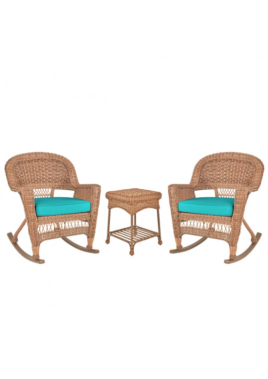 3pc Honey Rocker Wicker Chair Set With Turquoise Cushion