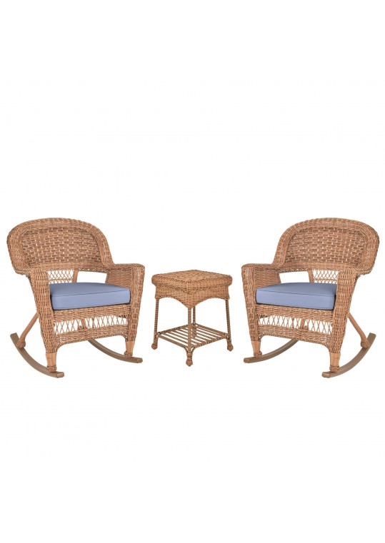 3pc Honey Rocker Wicker Chair Set With Steel Blue Cushion