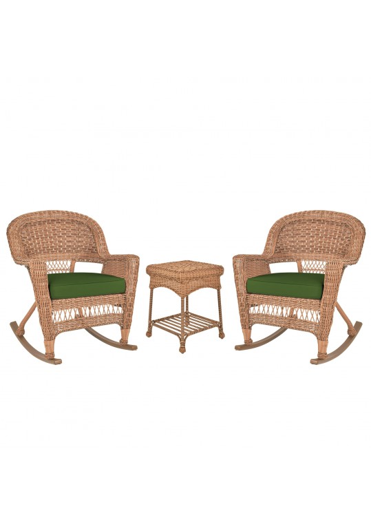 3pc Honey Rocker Wicker Chair Set With Hunter Green Cushion