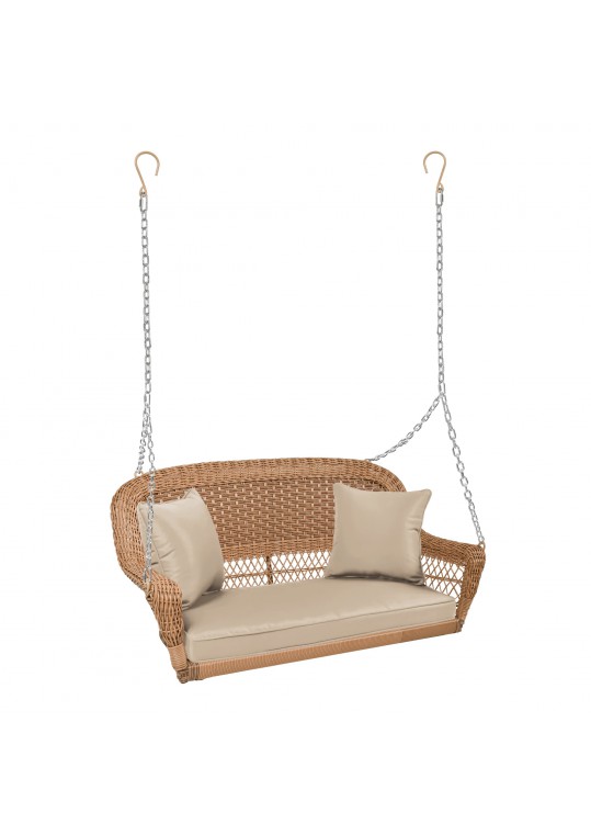 Honey Resin Wicker Porch Swing with Tan Cushion