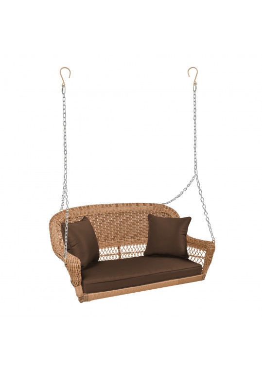 Honey Resin Wicker Porch Swing with Brown Cushion