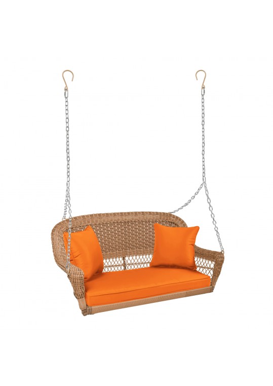 Honey Resin Wicker Porch Swing with Orange Cushion