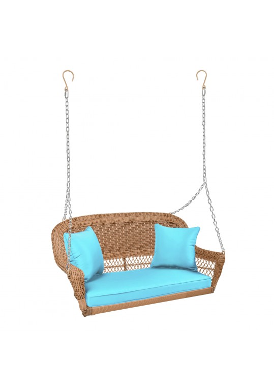 Honey Resin Wicker Porch Swing with Sky Blue Cushion