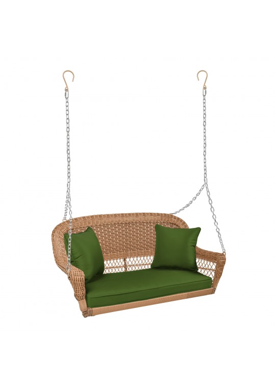 Honey Resin Wicker Porch Swing with Hunter Green Cushion