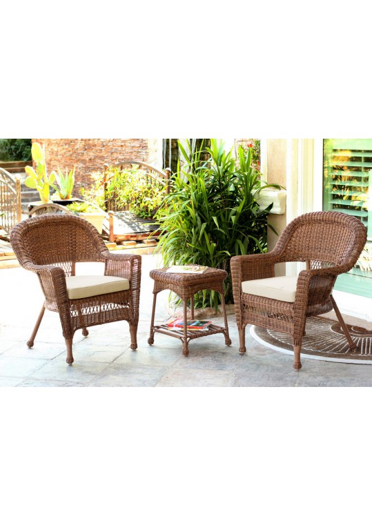 Honey Wicker Chair And End Table Set With Ivory Chair Cushion