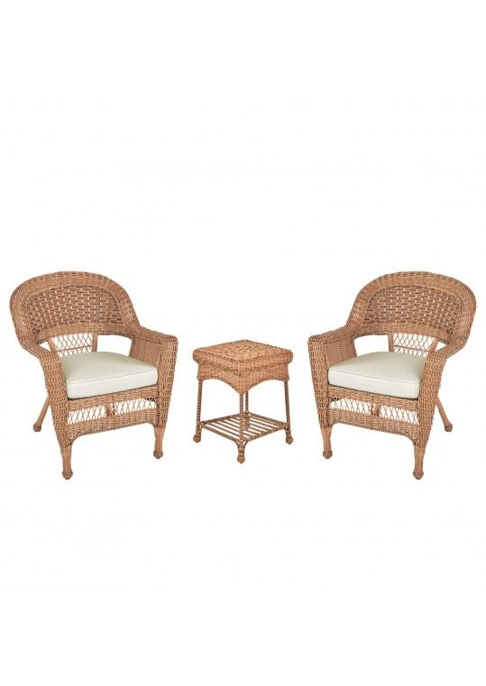 Honey Wicker Chair And End Table Set With Ivory Chair Cushion
