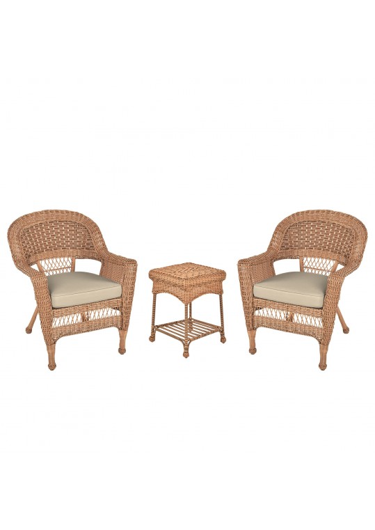 Honey Wicker Chair And End Table Set With Tan Chair Cushion