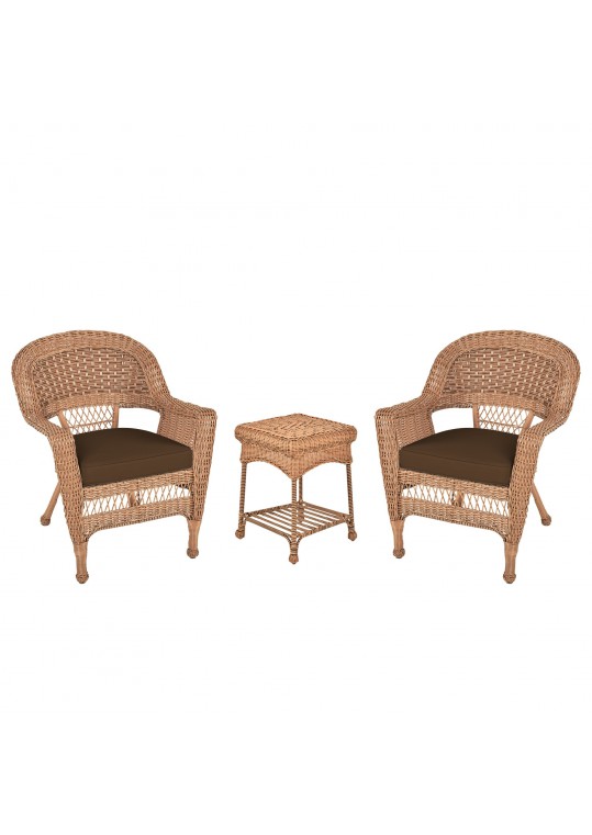 Honey Wicker Chair And End Table Set With Brown Chair Cushion