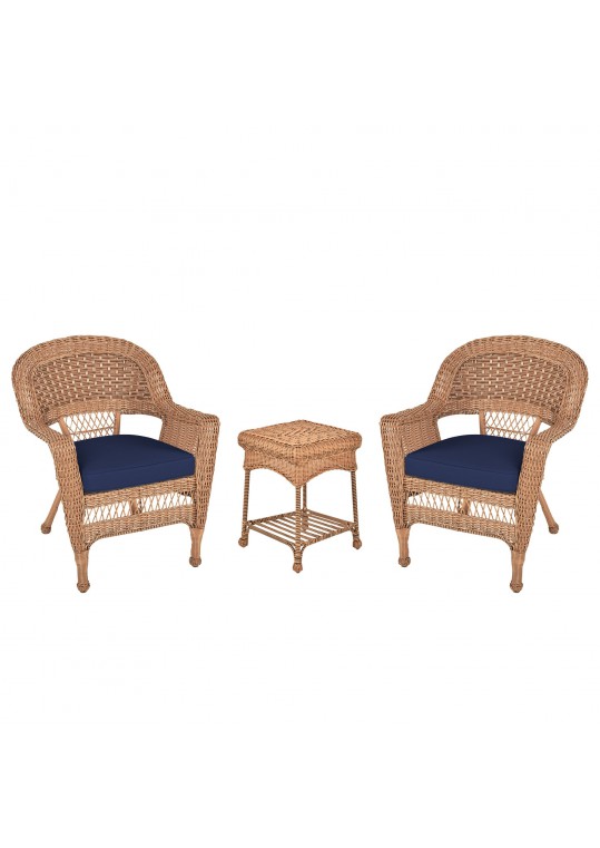 Honey Wicker Chair And End Table Set With Midnight Blue Chair Cushion