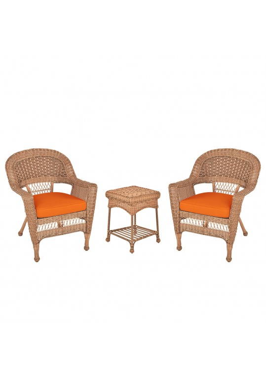 Honey Wicker Chair And End Table Set With Orange Chair Cushion