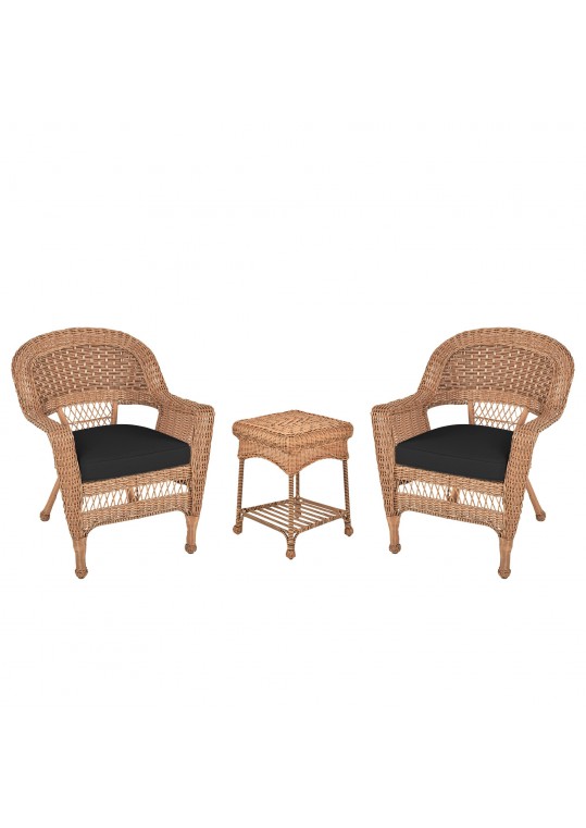 Honey Wicker Chair And End Table Set With Black Chair Cushion