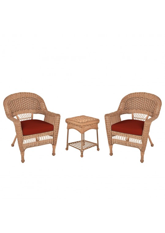 Honey Wicker Chair And End Table Set With Brick Red Chair Cushion