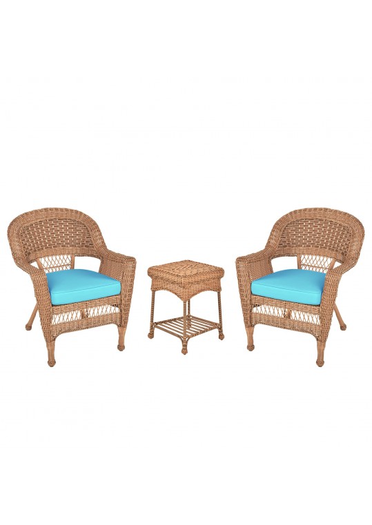 Honey Wicker Chair And End Table Set With Sky Blue Chair Cushion